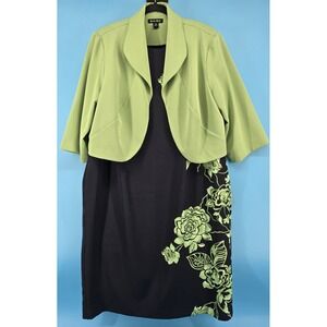 Dana Kay Dress Set 16W Lime Black Floral Zip Sheath Midi Open Crop Jacket Office